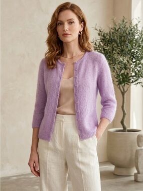 Burns Mohair Lavender Crewneck Button-Front Sweater Cardigan Size M